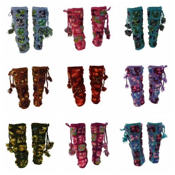 Winter Hand Knit Crochet 100% Wool Chunky Floral Tassel Leg Warmers Cosy Warm Fleece Lined