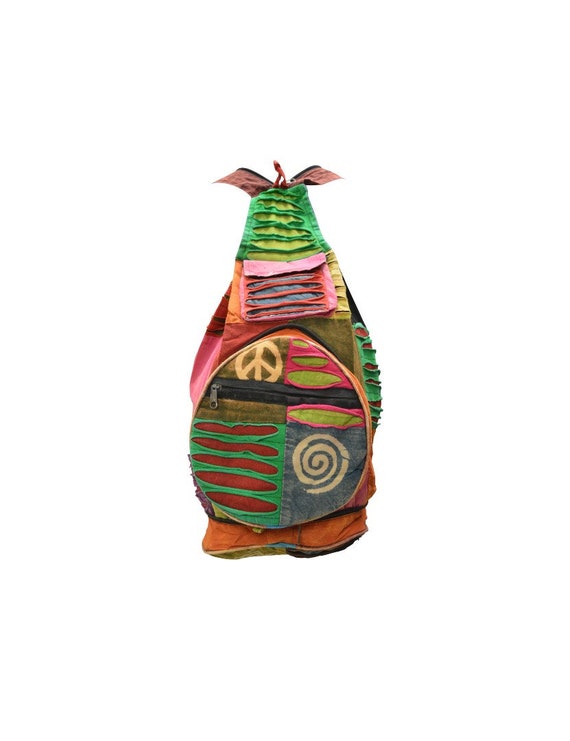 100% Cotton Recycled Hippie Patchwork Rucksack 2in1 Boho Pouch Peace Print Front Zip Pocket Shoulder bag P1
