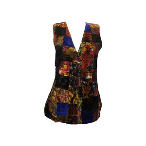Vintage Style Velvet Patchwork Vest - Boho Hippie Waistcoat - Size 12
