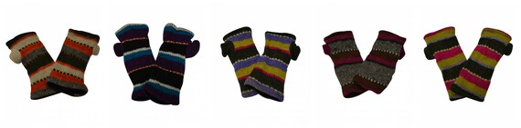 Hand knit 100% wool Stripe Hand warmers Winter Fleece Lined Cosy Multicoloured Gloves One Size P1- P5