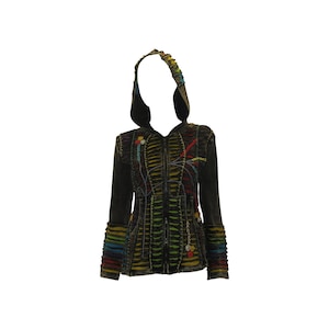 May include: A black hooded jacket with colourful embroidery and a zip closure. The jacket has a distressed look and features a variety of colours, including red, yellow, green, blue, and purple.