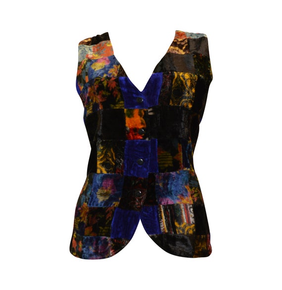 RECYCLED Boho hippie patchwork vintage style velvet effect abstract pattern waistcoat up to size 12
