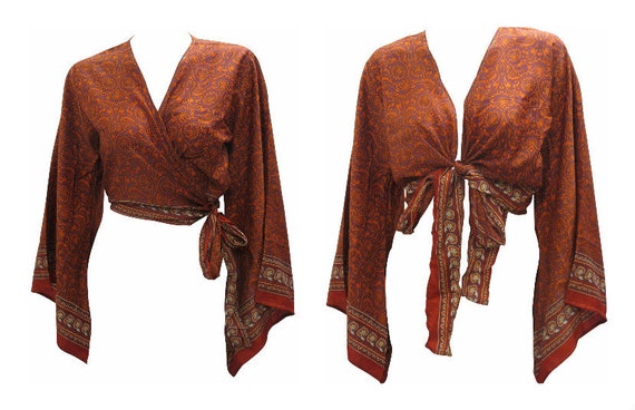 Recycled Retro Crop Top Bell Sleeves Boho Front Knot Wrap Blouse Free Size Up to 16 P34