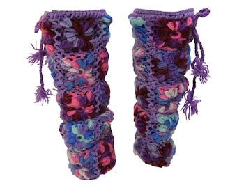 Winter Hand Knit Crochet 100% Wool Chunky Floral Tassel Leg Warmers Cosy Warm Fleece Lined P6