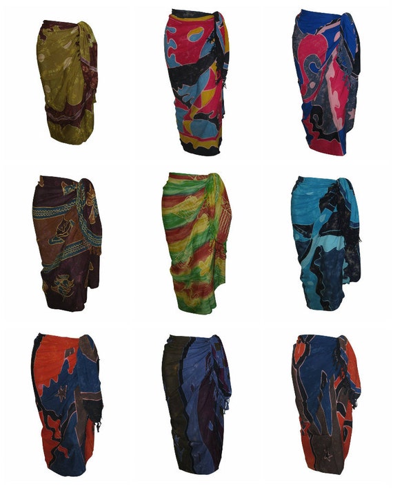 Boho Abstract Hand Printed Sarong Hippie Tasselled Wrap Around Tie Skirt P46-55