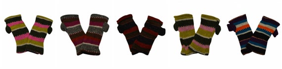 Hand knit 100% wool Stripe Hand warmers Winter Fleece Lined Cosy Multicoloured Gloves One Size P6- p10