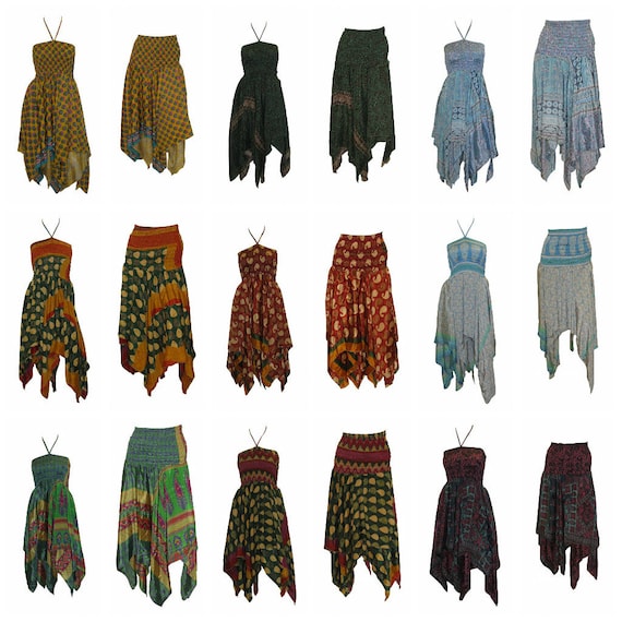 Upcycled 2IN1 Halterneck Tie Dress Retro Print Layered Handkerchief Skirt Free Size Up To 14 P37-P45