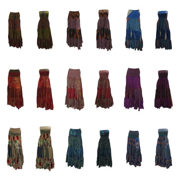 Upcycled 2in1 Skirt and Dress Retro Shirred Festival Boho Tiered Flowy Maxi Free Size Up To 20 P66-72