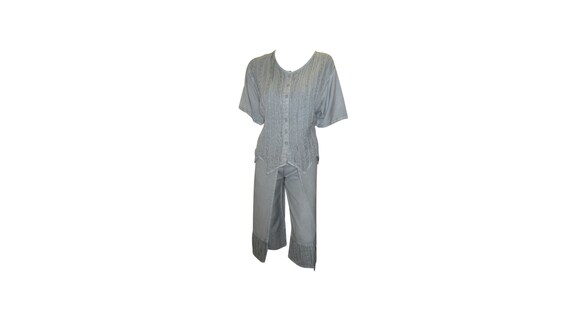 Boho Embroidered Co-ord Set Wrap Around Capri Pants Retro Button up Blouse Shirt Sage