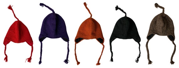 Handmade knit 100% wool Hat Unisex Adults Bobble Tassel Plain hippie warm fleece lined Winter Cap