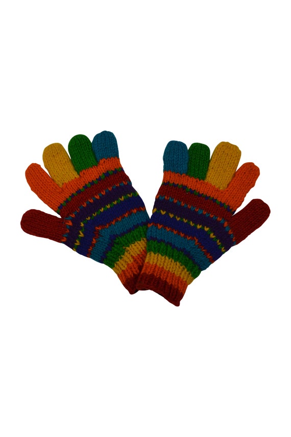 Handmade 100% Wool Knit Gloves Stripe Warm Cosy Fleece Lined Hand warmers Rainbow