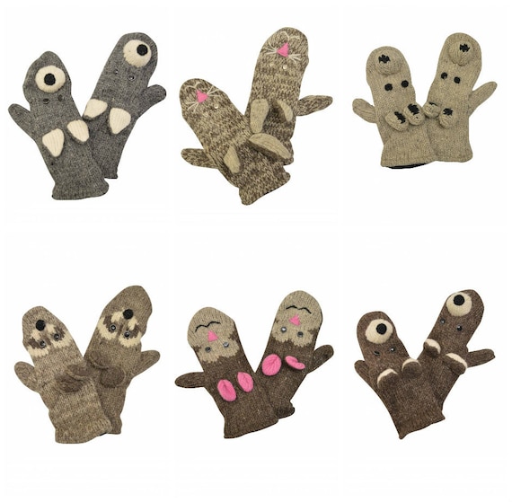 100% Wool Winter Knit boho Animal Mittens Fleece Lining Warm Cosy Gloves