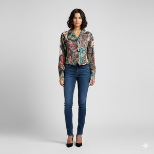 May include: A woman in a patterned button-down shirt, dark blue skinny jeans, and black heels. The shirt features a tapestry-like design with floral elements. The jeans are a slim fit, and the heels are pointed.