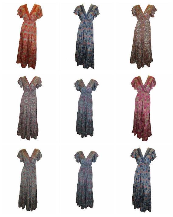 Recycled Ruffle Maxi Retro Short Butterfly Sleeves Boho Dress Free Size Up To 18 P1-8