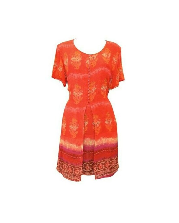 Vintage Style Damask Front button Midi Boho Hippie Slit Layer Dress Red