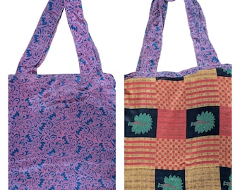 Recycled Reusable Reversible Sari Boho Lightweight Abstract Print Beach Tote Shoulder Bag P58