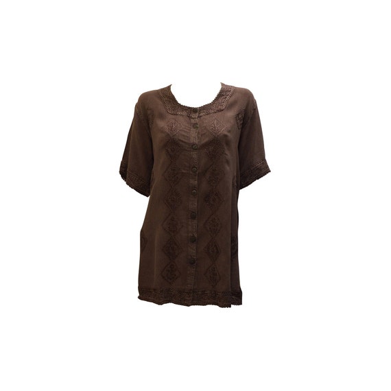 Plus size short sleeve embroidered aztec front button top freesize up to 22 lilac