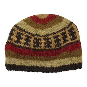 May include: A brown, beige, and red striped knit beanie with a black and brown patterned band.