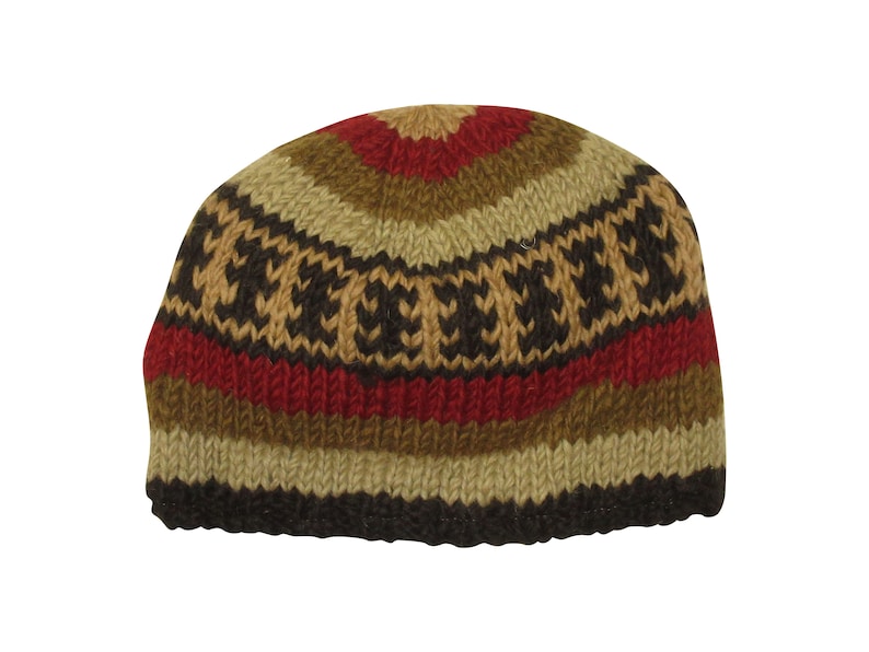 May include: A brown, beige, and red striped knit beanie with a black and brown patterned band.