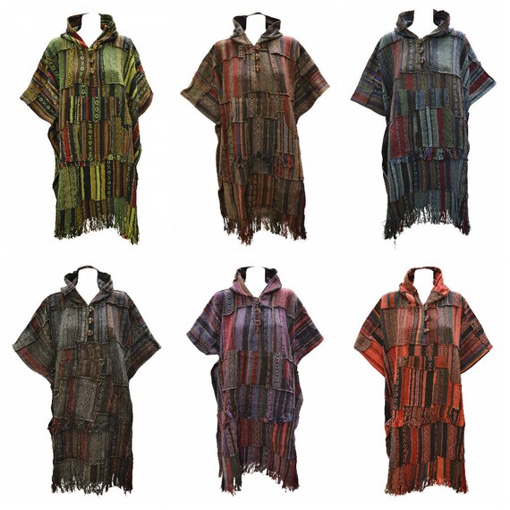 100% Cotton Handmade Recycled Unisex Blanket Style Patchwork Sustainable Boho Ethnic Poncho Free Size