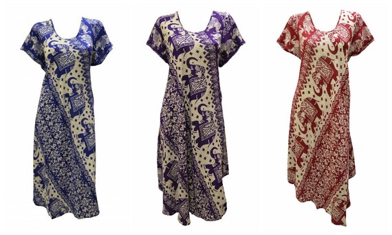 Womens Swing Dress Elephant Print Mandala High- Low Umbrella Pocket Short Sleeves Shift Free Size Up to 18