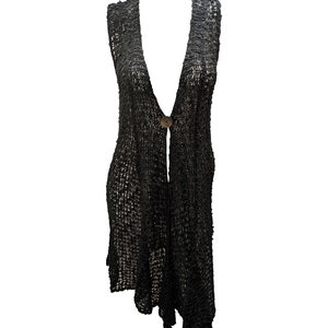 レディース ハンドメイド ボヘミアン クロシェ ノースリーブ ニット カーディガン ロングライン ジャケット フリーサイズ ワンサイズ UK 8-20 ブラック