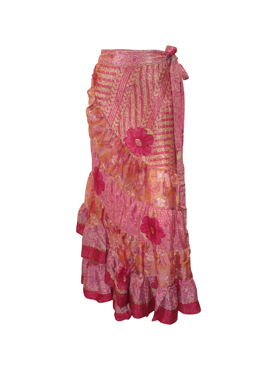 Regular Up-Cycled Sari Elastic Band Tiered Skirt #167 main image 0