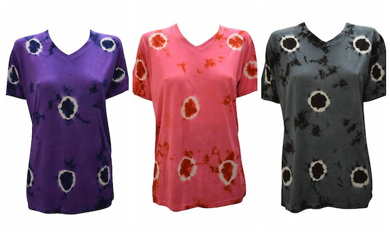Tie-dye T-shirt Unisex Casual CIrcle Print V- neck Short Sleeve Festival Hippie Top Size M L XL
