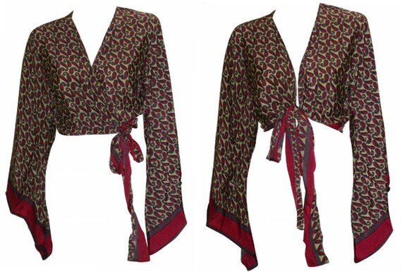 Recycled Retro Crop Top Bell Sleeves Boho Front Knot Wrap Blouse Free Size Up to 16 P44