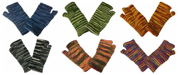 Handmade Knit Handwarmers 100% Wool Winter Striped Fingerless Fleece Lined Gloves One Size P77- P82