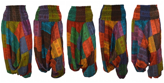 Upcycled Aum Harem Pants Cotton boho Patchwork loungewear Low crotch 2in1 Romper Free Size 8 To 18 P1-P5