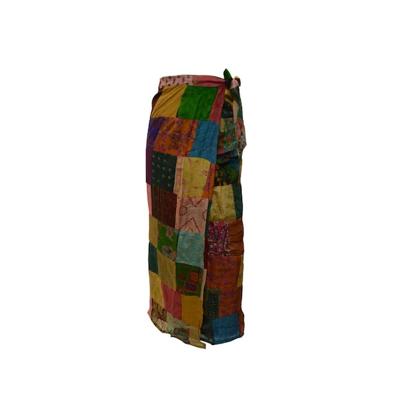 Boho hippie vintage style up-cycled reversible abstract patchwork maxi wrap skirt free size up to size 18 p262