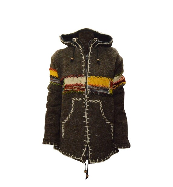 Handmade 100% Wool Chunky Knit Unisex Cardigan Jacket Boho Fleece Lining warm Hoodie Grey Yellow
