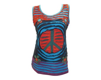 May include: A blue, red, and black sleeveless shirt with a peace sign design and floral accents.