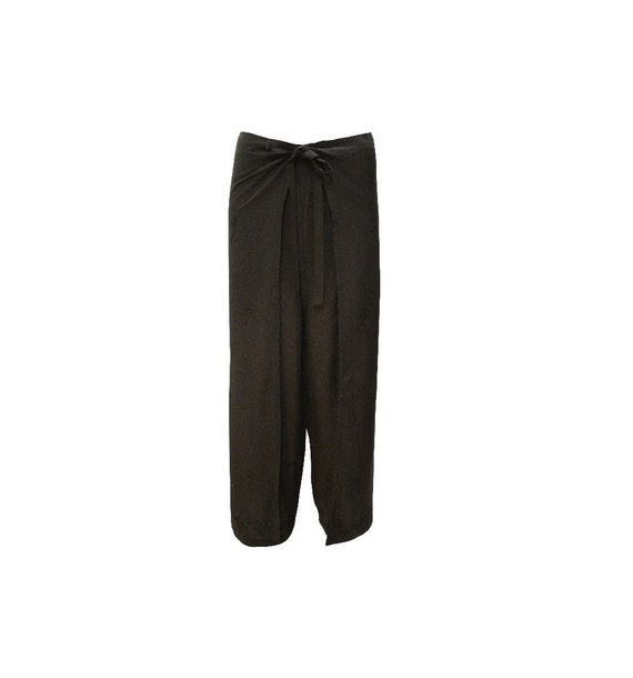 Womens Ladies Overlay Wrap around Embroidered Wide Leg Trousers Sarong Pants Freesize 10 Up To 18 Black