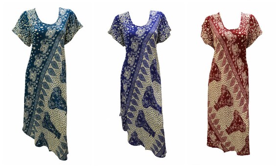 Womens Swing Dress Elephant Print Floral High- Low Umbrella Pocket Short Sleeves Shift Free Size Up to 18