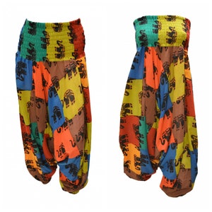 Recycled Cotton Harem Pants Patchwork Elephant boho loungewear Low crotch 2in1 Romper Free Size 8 To 18