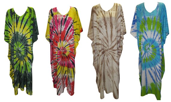 Womens Ladies Plus Size Boho Hippie Abstract Tie-Dye Swirl Kaftan Batwing Sleeves Loungewear Free Size Up To 28