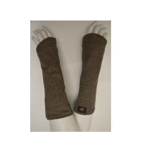 Womens Ladies Organic Cotton Boho Retro Beige Fingerless Reversible Gloves Hand warmers P4