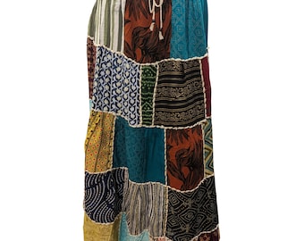 Recycled 100% Cotton Boho  Abstract Patchwork Stretchy Maxi Skirt Free Size Up to 18 P37