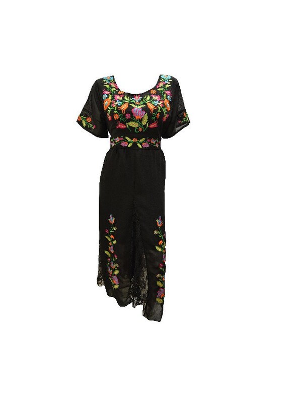 Boho Floral Embroidery Party Dress Lace Panels Gown Midaxi Fit flare M L/XL