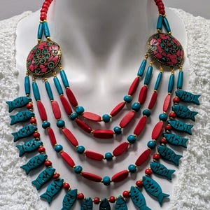Handmade Recycled Red & Turquoise Wood Beaded Multi-Layered Fish Charm Tribal Statement Necklace