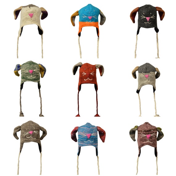 Handmade 100% wool Hats Knit Unisex Winter Tassel Animal Character Caps Warm Fleece Lining One size P94- P102