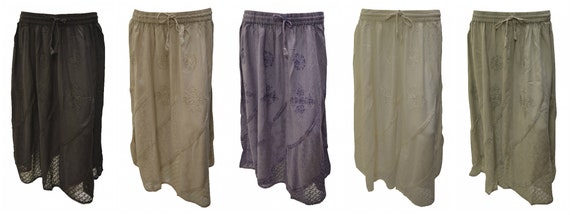 Womens Boho Midi Skirt Floral embroidered Mesh Hem Panel Gypsy Midi Free Size 12-22