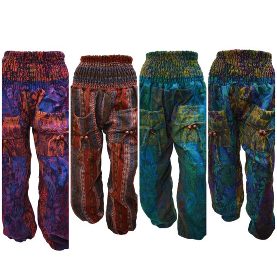 Womens Ladies Boho Hippie Lounge wear Abstract Print Warm Shirred Waist Harem Pants Free Size 12 To 22