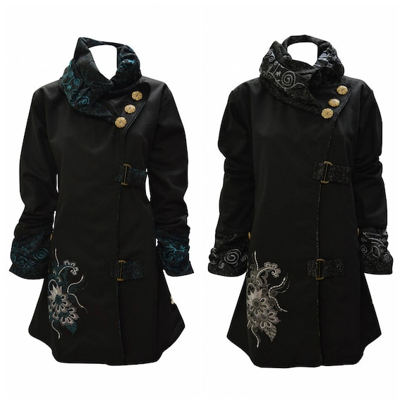 Womens Ladies 100% Cotton Floral Embroidery Patchwork Jacket Warm Fleece Lining Ruched Sleeve Coat S/M L/XL XXL