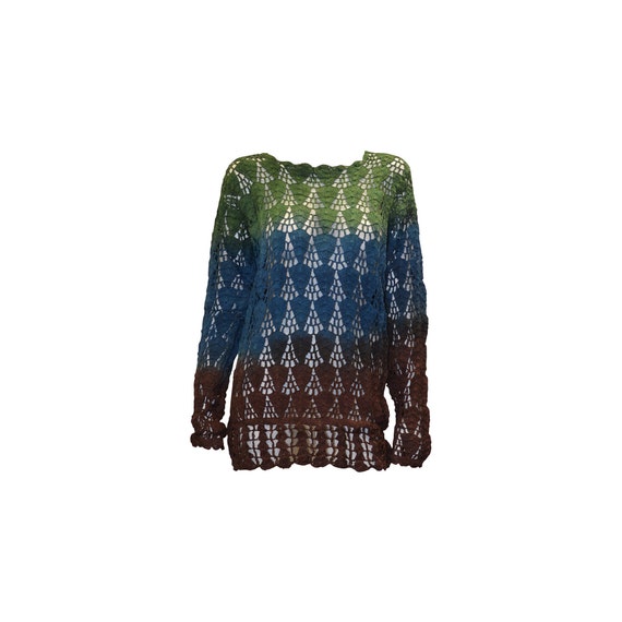 Boho hippie crochet vintage style knitted upcycled long sleeve jumper green multi freesize up to size 18
