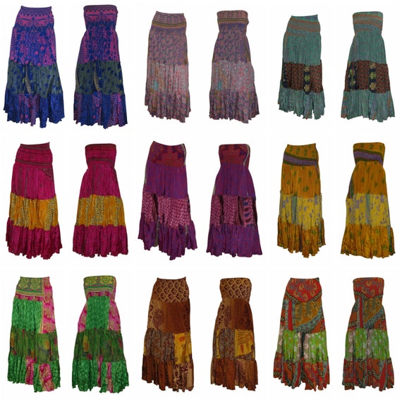 Recycled 2in1 Skirt and Dress Retro Shirred Festival Boho Tiered Flowy Maxi Free Size Up To 20 P37-45