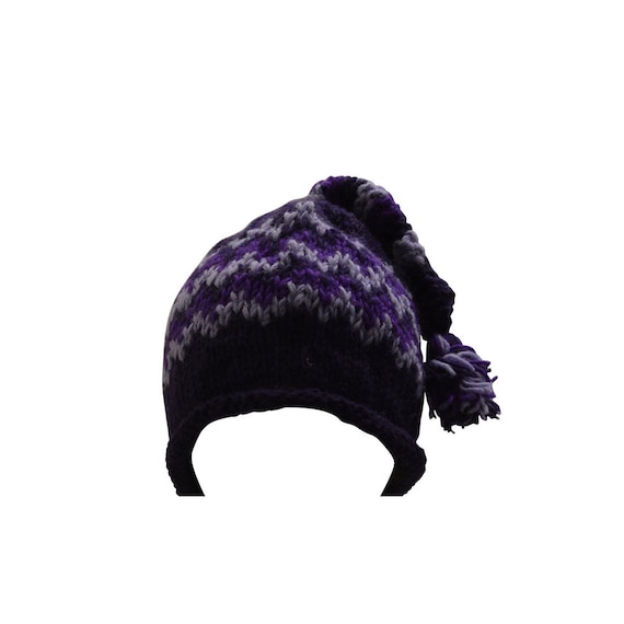 Handmade knit 100% wool unisex adults beanie hat tassel warm fleece lined boho hippie winter cap p3