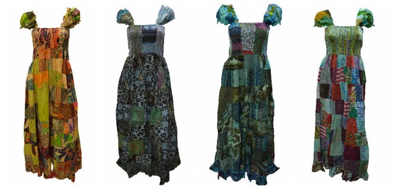 100% Cotton Gypsy Dress Boho Vintage Style Patchwork Elasticated Maxi Free size up to 16